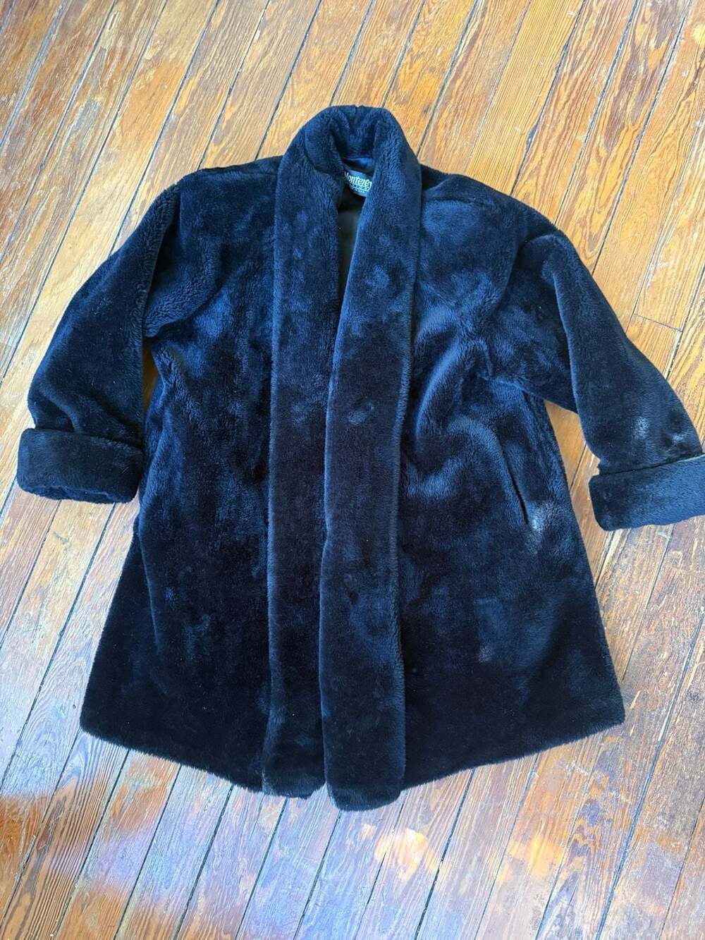 Monterey Fashions Vintage Black Faux Fur Shawl Collar Coat